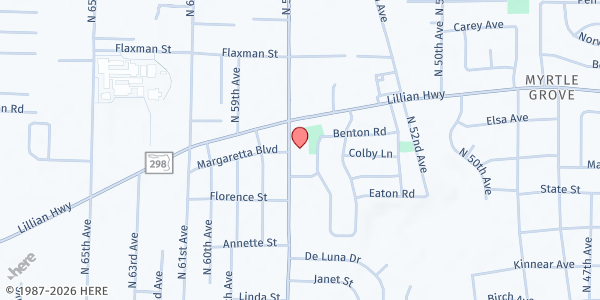 Map showing Myrtle Grove United Methodist Church at 1030 N. 57th Ave., Pensacola, FL