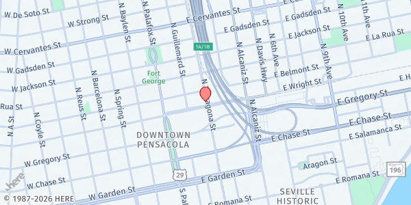 Map showing Serving the Hungry - First United Methodist Church at 6 E. Wright St., Pensacola, FL