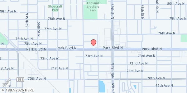 Map showing World Outreach Ministries Christian Center at 5001 Park Blvd., Pinellas Park, FL