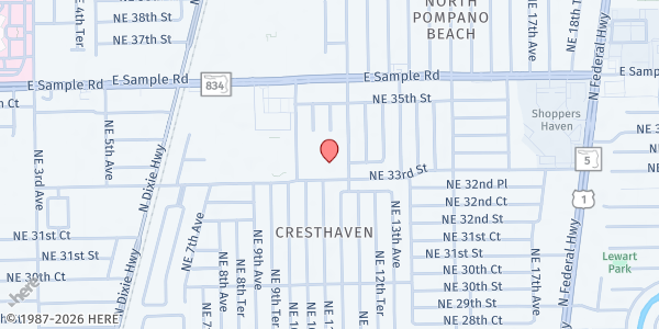 Map showing First Brazilian Baptist at 1103 NE 33rd St, Pompano Beach, FL