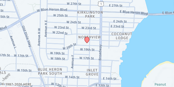 Map showing Catholic Charities - St. Francis Center at 100 W. 20th St., Riviera Beach, FL