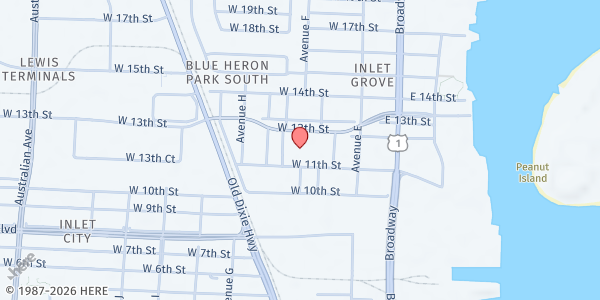 Map showing Nelson's Outreach Ministries at 251 W. 11th St., Riviera Beach, FL