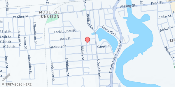 Map showing St. Johns Ecumenical Ministries; Inc. at 12 Madeore Street, Saint Augustine, FL