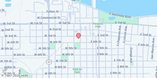 Map showing Good News Orlando Church at 301 S. Oak Ave., Sanford, FL