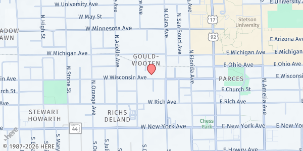 Map showing St. Barnabas - Wisconsin and Woodland at 327 West Wisconsin Ave, Sanford, FL