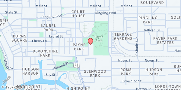 Map showing First Presbyterian Church of Sarasota at 2050 Oak St., Sarasota, FL