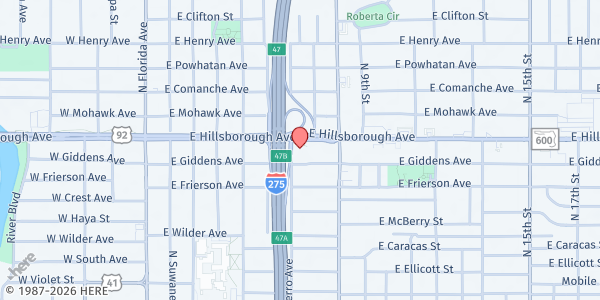 Map showing Mission Tampa - Hillsborough Avenue at 801 East Hillsborough Avenue, Southeast Seminole Heights, FL