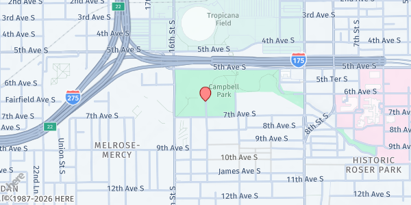 Map showing Campbell Park Rec Center at 601 14th St S, St Petersburg, FL