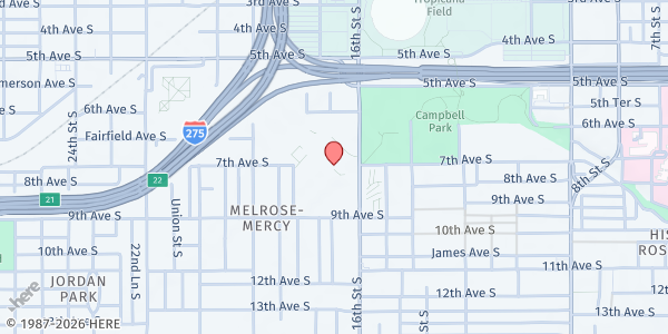 Map showing Campbell Park Resource Center at 701 16th Street South, St. Petersburg, FL