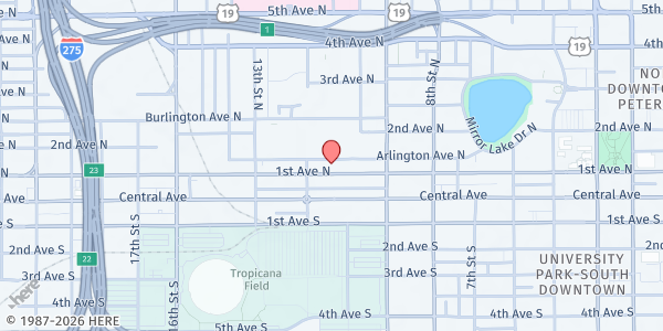 Map showing Community Action Stops Abuse, Inc. (CASA) - St. Petersburg at 1011 1st Avenue North, St. Petersburg, FL
