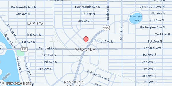 Map showing New Creation Family Church (formerly Pasadena Presbyterian) at 123 Pinellas Way North, St. Petersburg, FL
