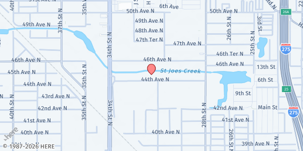 Map showing St. Petersburg Free Clinic - Jared S. Hechtkopf Community Food Bank at 3115 44th Ave. N., St. Petersburg, FL