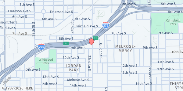 Map showing St. Petersburg Free Clinic - The Deuces at 833 22nd St. S., St. Petersburg, FL