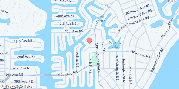 Map showing The Gathering Church - Food is Love Distribution at 4400 Shore Acres Boulevard Northeast, St. Petersburg, FL