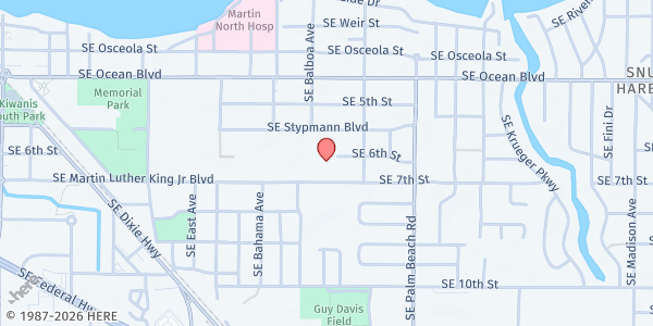 Map showing The Salvation Army - Martin County & Booth's Cafe at 821 SE Martin Luther King Jr. Blvd, Stuart, FL