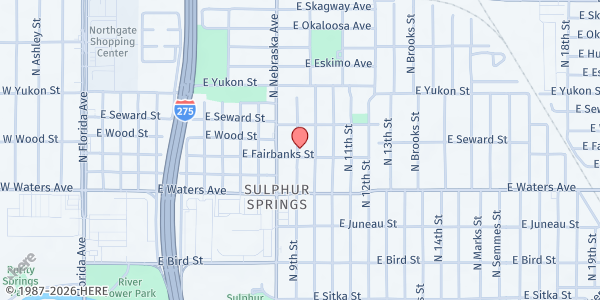 Map showing Life Springs Baptist Church at 912 East Fairbanks Street, Sulphur Springs, FL