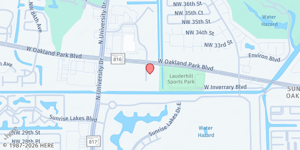 Map showing Church of God of Prophecy - Sunrise at 7730 W. Oakland Park Blvd., Sunrise, FL
