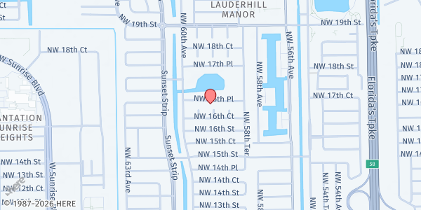Map showing International Street Outreach at 5940 NW 16th Pl., Sunrise, FL