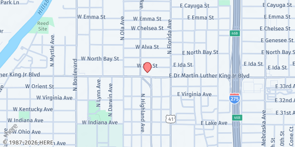 Map showing Family of Faith at 105 West Martin Luther King Junior Boulevard, Tampa Heights, FL