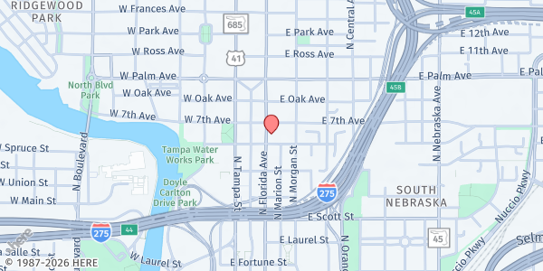 Map showing Salvation Army Tampa at 1603 North Florida Avenue, Tampa Heights, FL