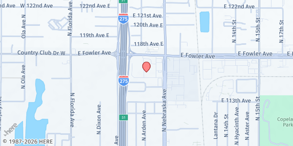 Map showing City of Judah Worship Ctr at 11612 North Nebraska Avenue, Tampa, FL