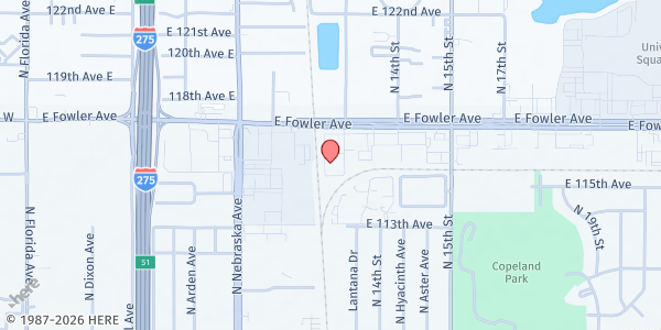 Map showing Crossover Church at 1235 E. Fowler Ave., Tampa, FL