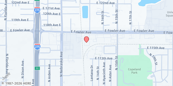 Map showing Crossover Church at 1235 E. Fowler Ave., Tampa, FL
