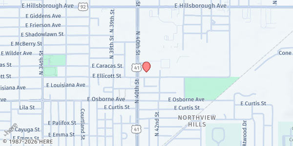 Map showing Heavenly Angels Mobile Food Pantry - Heaven Destiny Assembly of God at 4104 East Ellicott Street, Tampa, FL