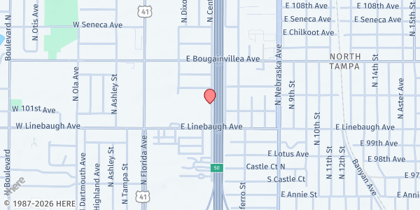 Map showing Most Holy Redeemer at 10110 N. Central Ave., Tampa, FL