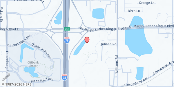 Map showing Revival Ministries at 3738 River International Dr., Tampa, FL