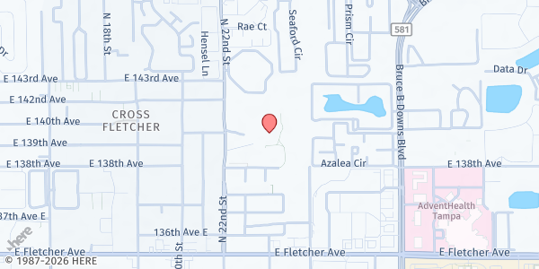 Map showing University Area Community Center - Front Park at 14013 North 22nd Street, Tampa, FL