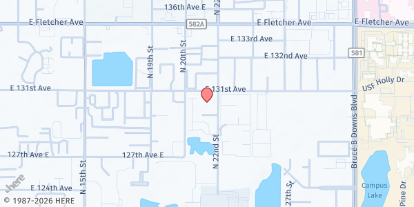 Map showing University Baptist Church at 2121 E. 131st Ave., Tampa, FL