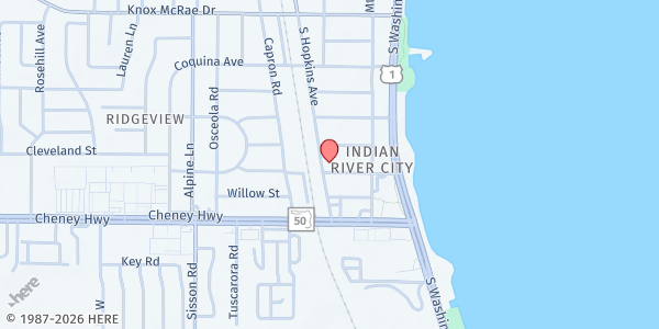 Map showing North Brevard Charities Sharing Center at 4475 S. Hopkins Ave., Titusville, FL