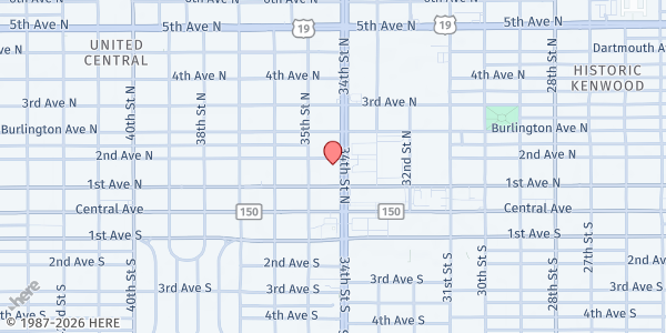 Map showing St Vincent de Paul CARES Community Thrift Store at 180 34th Street North, United Central, FL
