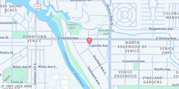 Map showing South County Food Pantry at 121 Warfield Avenue, Venice, FL