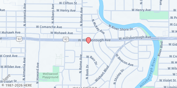 Map showing Crosswind Church at 1510 West Hillsborough Avenue, Wellswood, FL