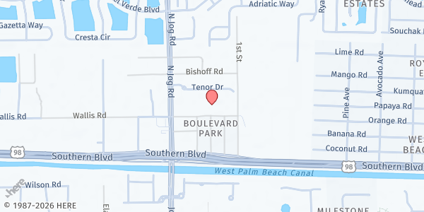 Map showing Bethany Baptist Church of the Palm Beaches at 6353 Wallis Rd., West Palm Beach, FL