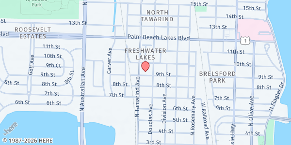 Map showing New Bethel Church at 911 9th St, West Palm Beach, FL