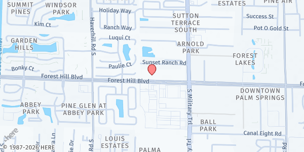 Map showing Victory Feeding the Hungry at 4601 Forest Hill Blvd, West Palm Beach, FL