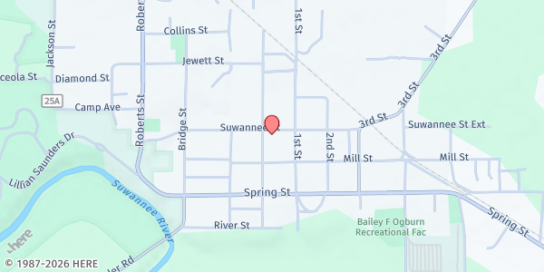 Map showing White Springs Congregational Holiness at 16633 Suwannee Street, White Springs, FL