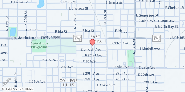 Map showing First Baptist Church of College Hill at 3838 North 29th Street, Ybor City, FL