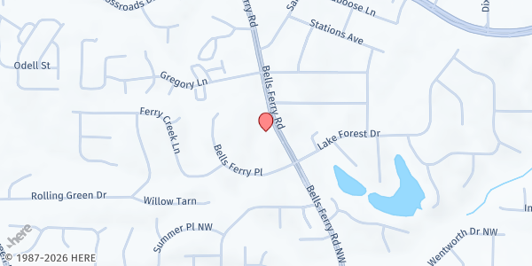 Map showing Heritage Presbyterian Church at 5323 Bells Ferry Road, Acworth, GA