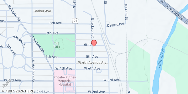 Map showing Arcadia Baptist Church at 1214 N. Jackson St., Albany, GA