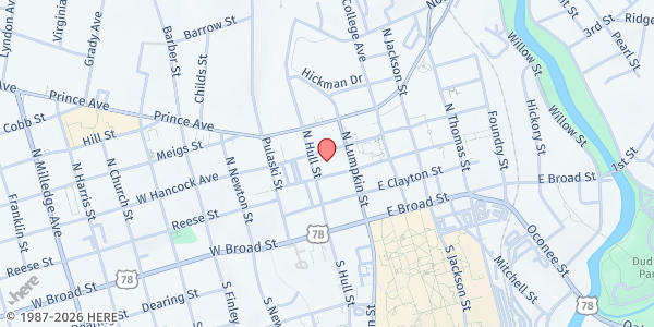 Map showing Athens First UMC at 327 N. Lumpkin St., Athens, GA