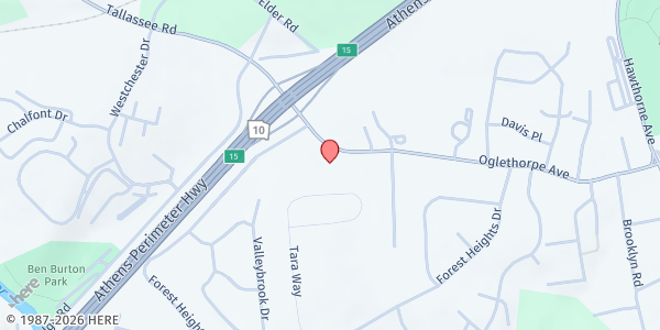 Map showing Family Counseling Service - Athens at 1435 Oglethorpe Ave, Athens, GA