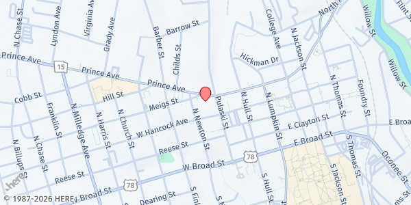 Map showing First Baptist Church of Athens at 355 Pulaski St., Athens, GA