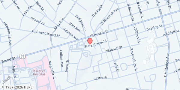 Map showing Hill Chapel Baptist Church at 1692 W. Hancock Ave., Athens, GA