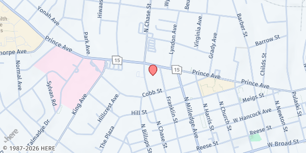 Map showing Young Harris Memorial UMC at 973 Prince Ave., Athens, GA