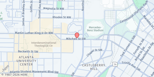Map showing Central UMC at 501 Martin Luther King Junior Drive Southwest, Atlanta University Center, GA