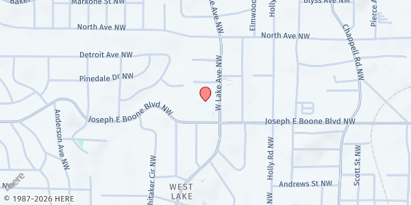 Map showing Caring Hands Food Pantry at Allen Temple AME Church at 1625 Joseph E Boone Blvd NW, Atlanta, GA